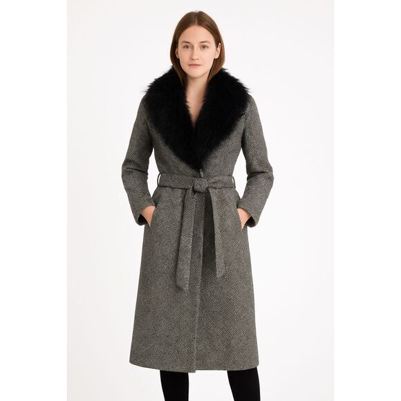 OLIVER Tweed Faux Fur Collar Belted Long Coat Women Black White Herringbone - Picture 1 of 7